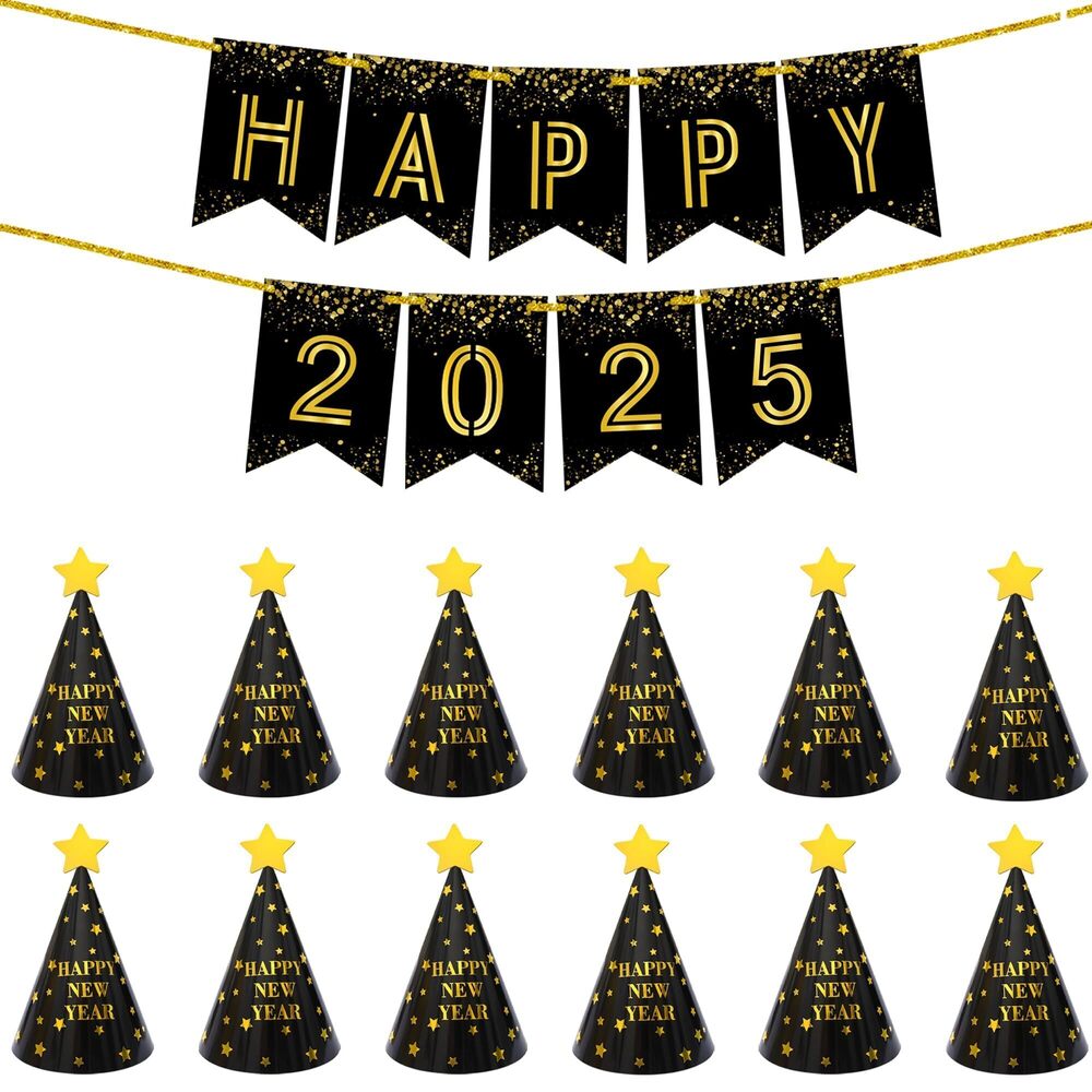 3550 New Years Eve Hats 2025 - Pack of 12 | New Year 2025 Banner - 8 Feet